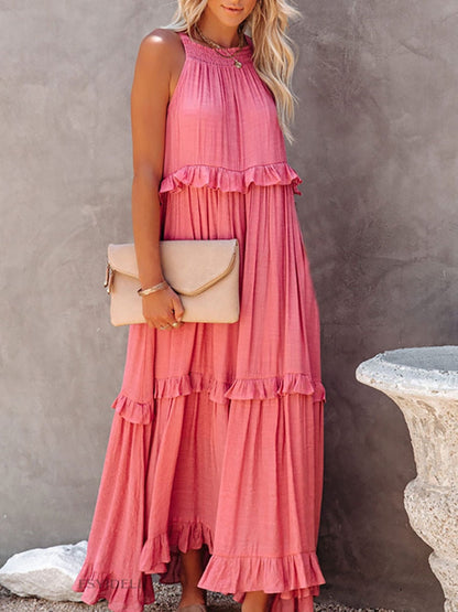 Women’s Maxi Dress – Relaxed Fit – Halter Neck – Ruffle Detail – Natural Fibers