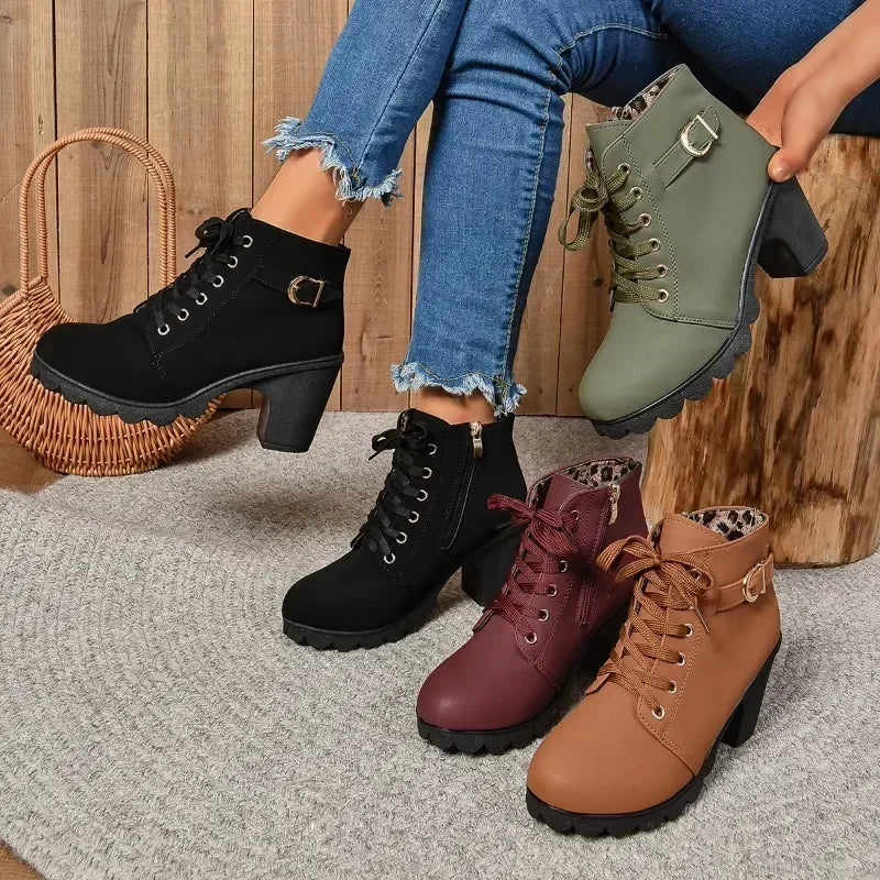 Women's High Heel Ankle Boots with Lace-Up Closure