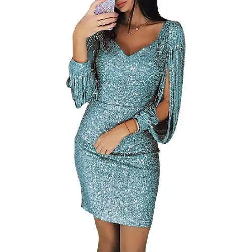 Women's Sequin Cocktail Dress - V-Neck - Draped Sleeves - Bodycon Party Wear