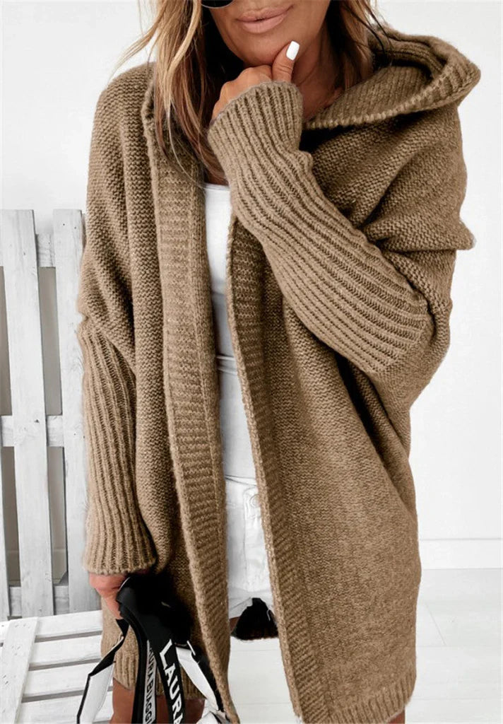 Women’s Cardigan – Oversized Fit – Knitted Wool Blend – Hooded Open Front Layering