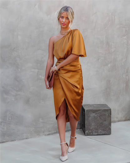 Women's One-Shoulder Satin Dress - Draped Waist - Form-Fitting Elegant Wear