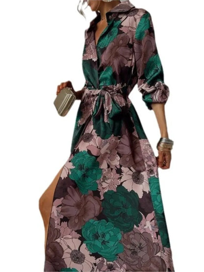 Women's Maxi Shirt Dress - Floral Print - Long Sleeve - Button-Down with Tie Waist
