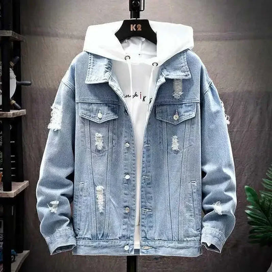 Men’s Denim Jacket – Distressed Loose Fit – Single Breasted – Streetwear Style