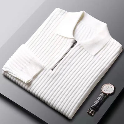 Men’s Pullover Sweater – Wool – Half Zip – Ribbed – Polo Collar – Regular Fit