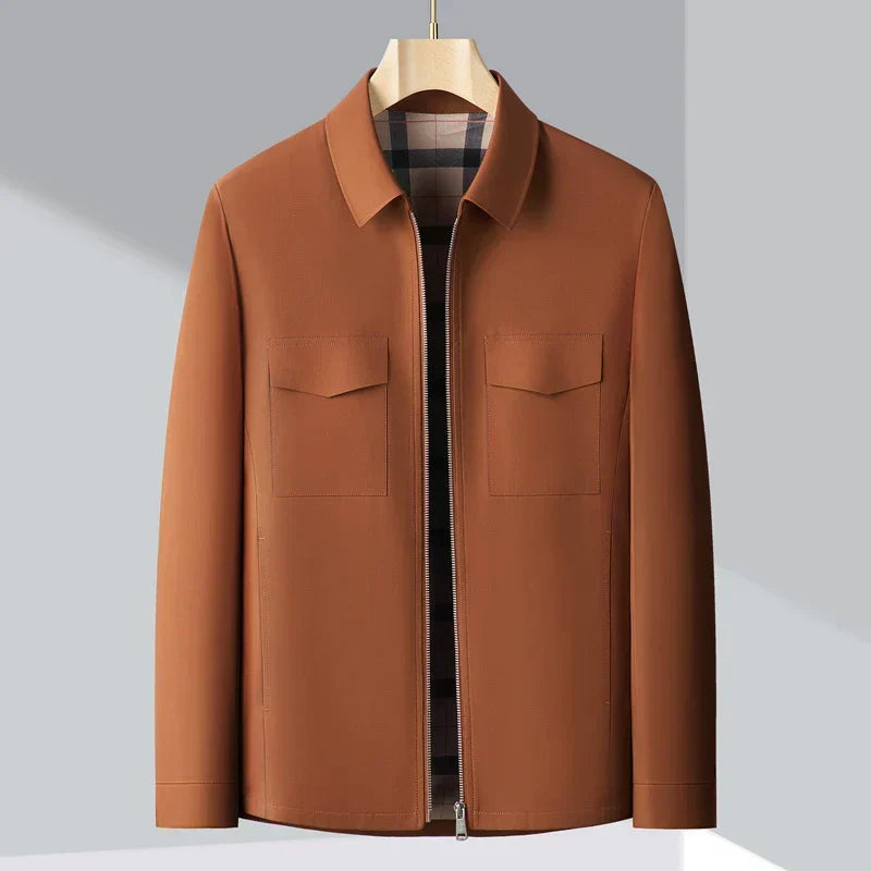 Men’s Jacket – Structured Fit – Collared – Plaid Lining – Hip Length – Casual Style