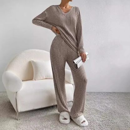 Women's Ribbed Knit Loungewear Set - V-Neck Sweater & Wide-Leg Trousers - Soft Stretch Fabric