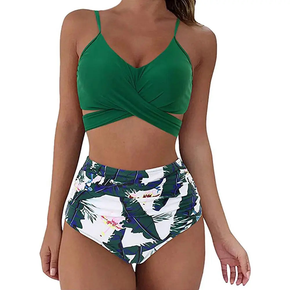 Women’s Bikini Set – Slim Fit Cross Front Top – High Waisted Ruched Floral Bottoms