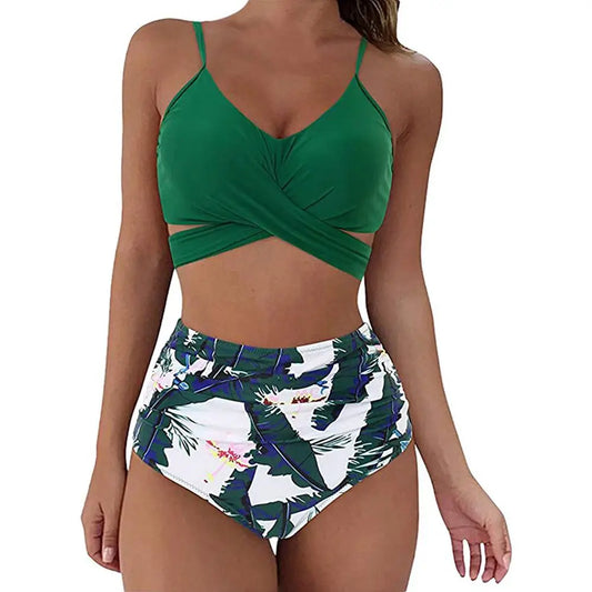 Women’s Bikini Set – Slim Fit Cross Front Top – High Waisted Ruched Floral Bottoms