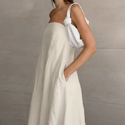 Women’s Strapless Dress – Relaxed Fit – Full Length – Backless – Pockets