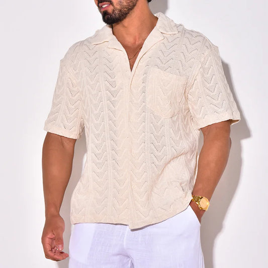 Men’s Knit Shirt – Jacquard Texture – Relaxed Fit – Short Sleeve Casual Collar