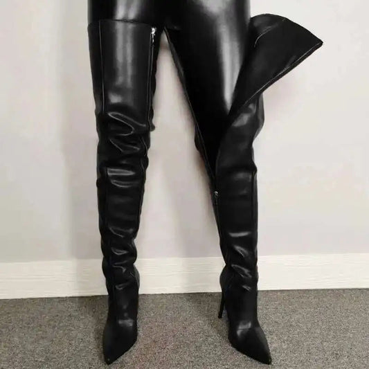 Women’s Over-the-Knee Boots – High Heel – Pointed Toe – Glossy Faux Leather – Zipper Closure