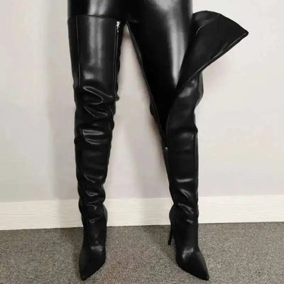 Women’s Over-the-Knee Boots – High Heel – Pointed Toe – Glossy Faux Leather – Zipper Closure
