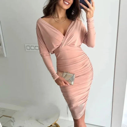 Women's Bodycon Dress - Off Shoulder - Long Sleeve - Ruched Slim Fit - Elegant Party Wear