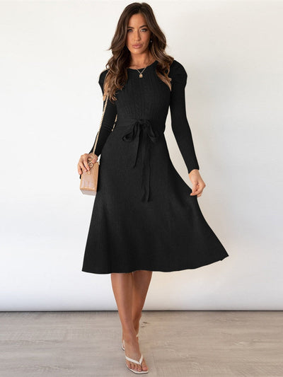 Women's Knit Midi Dress - Fit and Flare - Long Sleeve - Round Neck - Tie Waist Elegant Wear