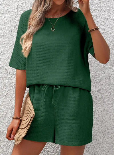 Women's Lounge Set - Relaxed Fit - Short Sleeve Top & Elastic Waist Shorts