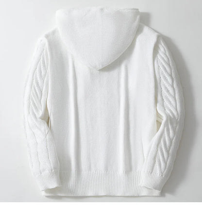 Men’s Hooded Knit Sweatshirt – Cable Knit – Loose Fit – Drawstring – Ribbed Hem