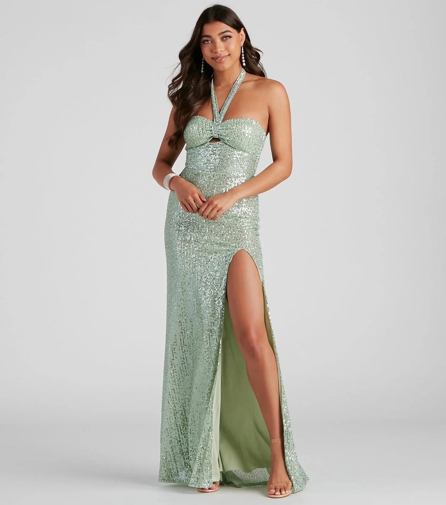 Women's Evening Prom Gown - Sequin Halter Neck - Cut-Out Bodice - High Slit Floor-Length