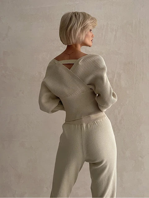 Women's Off-Shoulder Knitted Sweater - Ribbed Texture - Long Sleeve - Fitted Waist