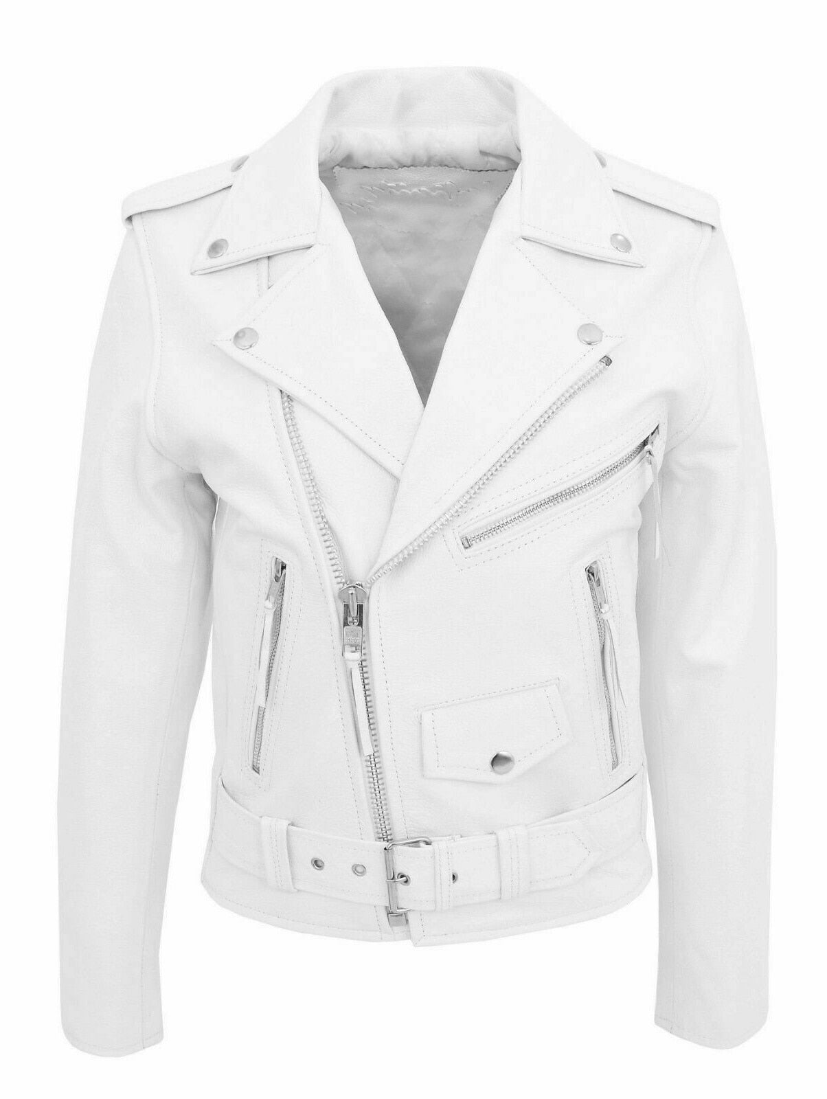 Men’s Leather Biker Jacket - Leather - Asymmetrical Zip - Lapel Collar - Belted Waist