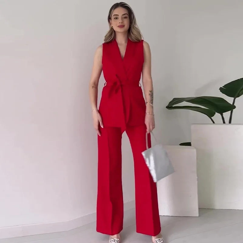 Women's Sleeveless Blazer Suit - Tailored Fit - V-Neck - High-Waisted Trousers - Belted Waist