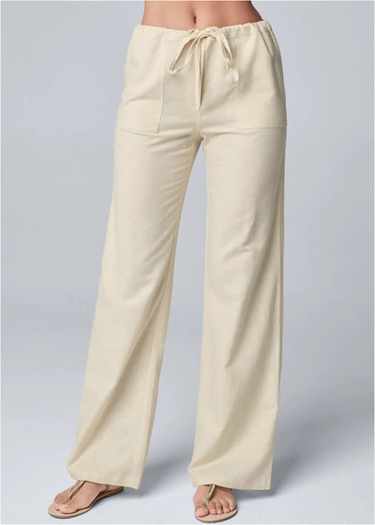 Women’s Wide-Leg Trousers – Cotton Linen Blend – High Waist – Drawstring Waistband