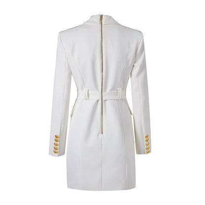 Women's Blazer Dress - Tailored Fit - Double Breasted - Waist Belt - Mini Length