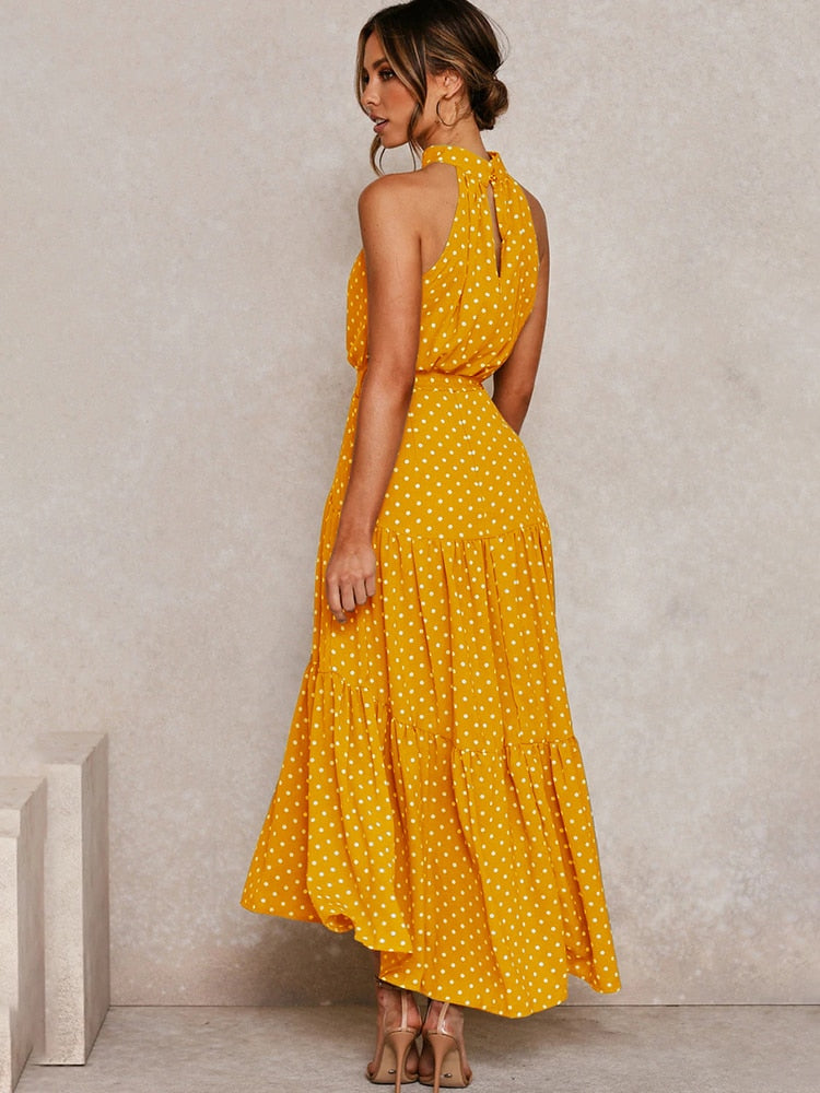 Women's Halter Midi Dress - Polka Dot Print - Fit-and-Flare - Waist Tie - Flowy