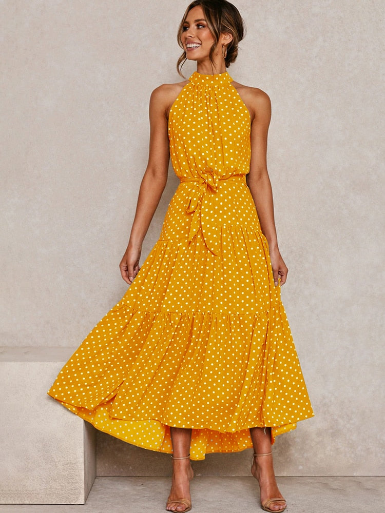 Women's Halter Midi Dress - Polka Dot Print - Fit-and-Flare - Waist Tie - Flowy