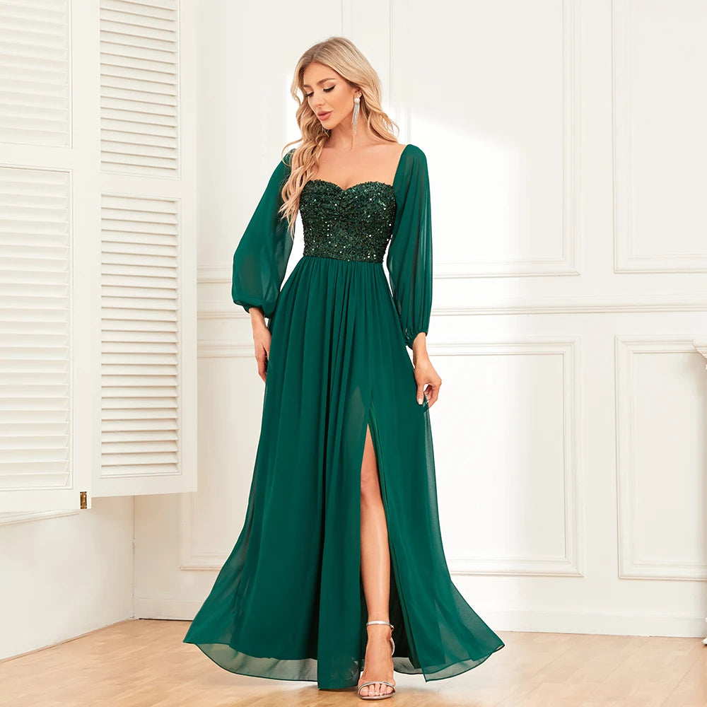 Women’s Evening Prom Gown - Off Shoulder - Sequin Bodice - Long Sleeve - High Slit Elegant Dress