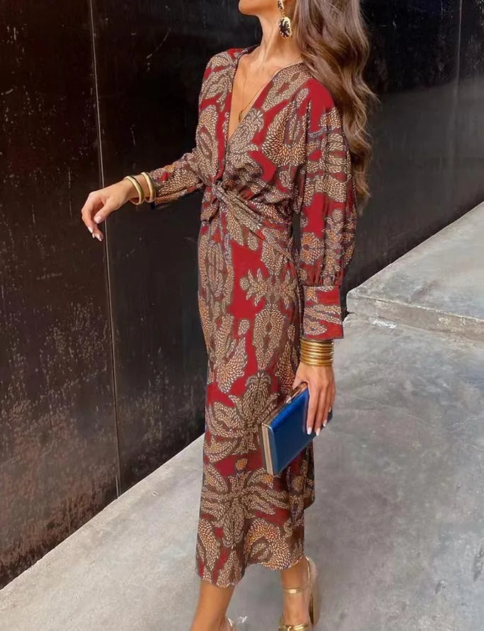 Women's Midi Wrap Dress - V-Neck - Long Sleeve - Elegant Pattern - Adjustable Fit
