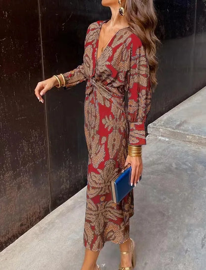 Women's Midi Wrap Dress - V-Neck - Long Sleeve - Elegant Pattern - Adjustable Fit