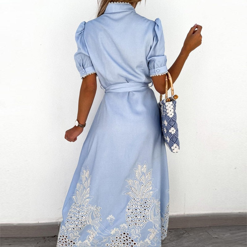 Embroidered Blue Dress with Elegant Detailing for Versatile Style