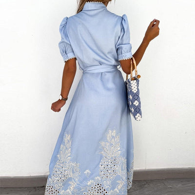 Embroidered Blue Dress with Elegant Detailing for Versatile Style