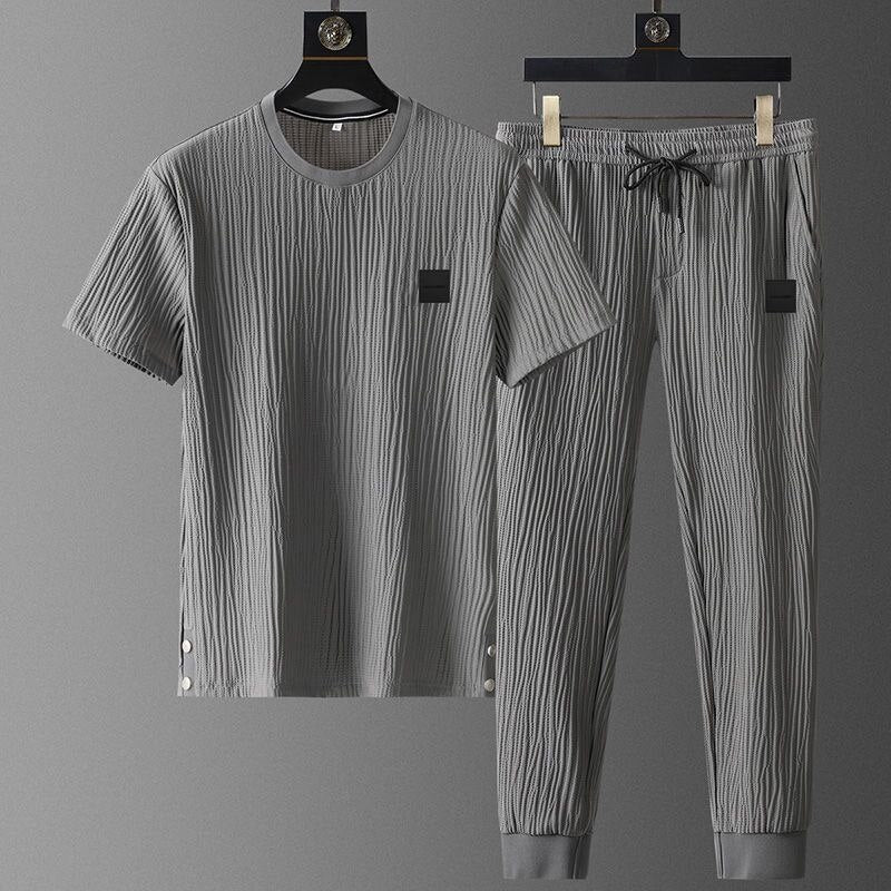Men’s Tracksuit Set - Textured Pleated Fabric - Short Sleeve T-Shirt & Joggers - Relaxed Fit