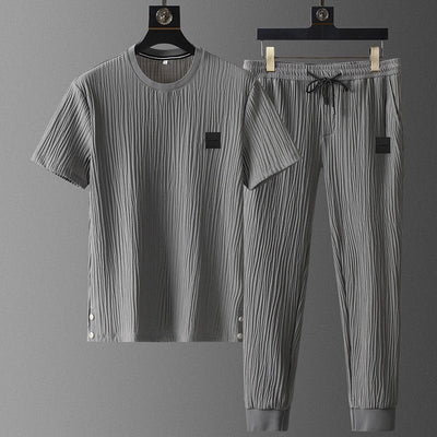 Men’s Tracksuit Set - Textured Pleated Fabric - Short Sleeve T-Shirt & Joggers - Relaxed Fit