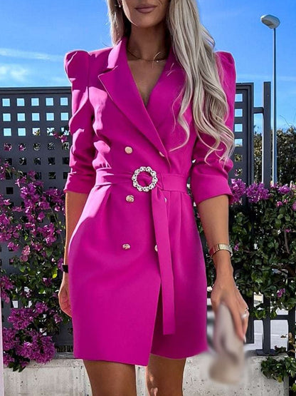 Women’s Blazer Dress – Tailored Fit – Double-Breasted – Belted Waist – Padded Shoulders