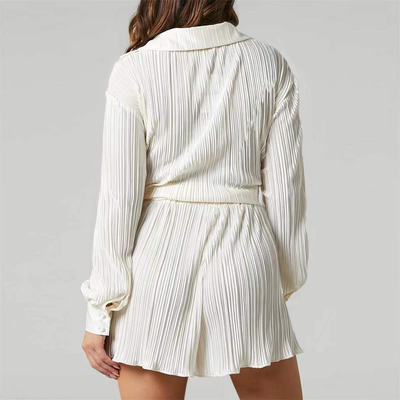 Women's Pleated Shirt Dress - Button Down - Long Sleeve - Relaxed Fit Elegant Style