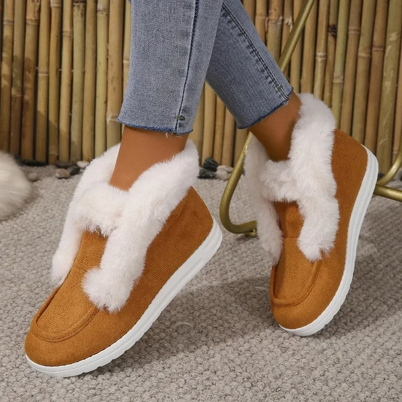 Women’s Slip-On Booties – Plush Trim – Suede-Look Upper – Ankle Length Cozy Fit