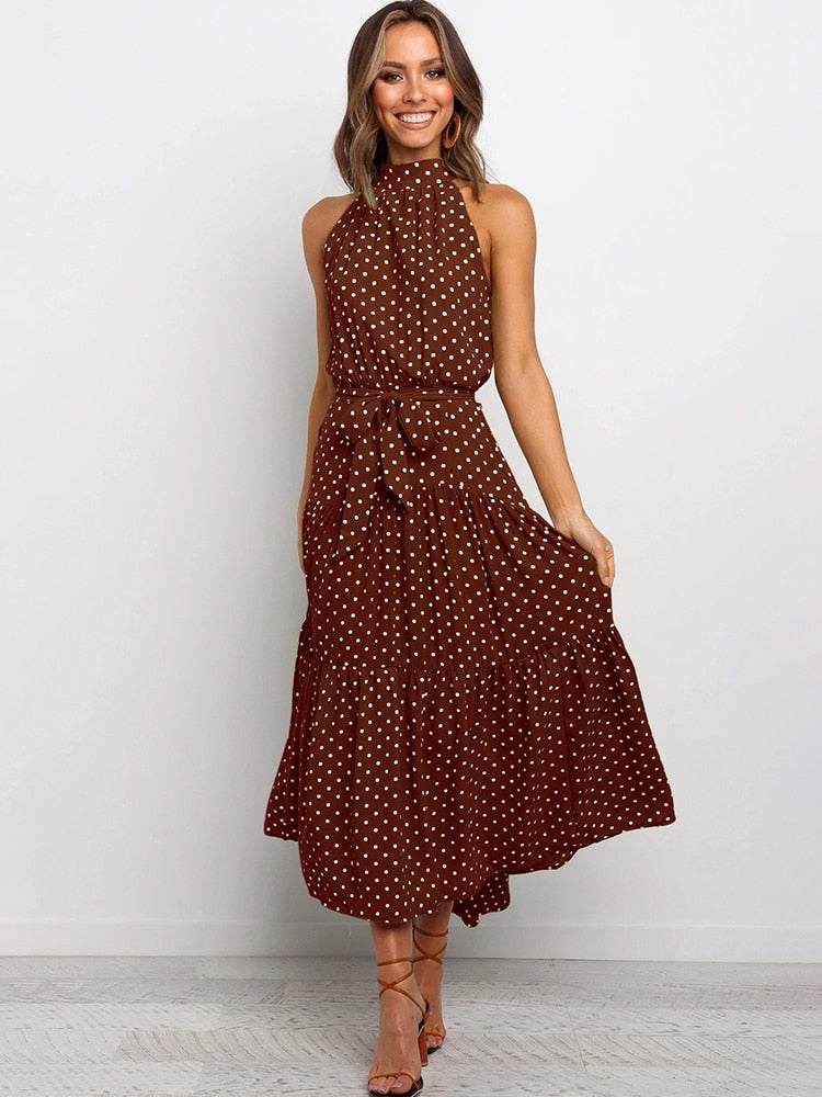 Women's Halter Midi Dress - Polka Dot Print - Fit-and-Flare - Waist Tie - Flowy