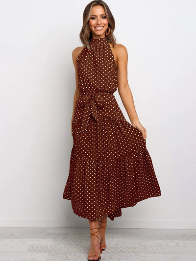 Women's Halter Midi Dress - Polka Dot Print - Fit-and-Flare - Waist Tie - Flowy