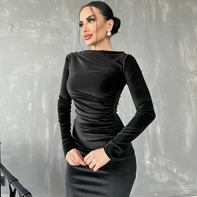 Women's Bodycon Dress - Long Sleeve Stretch Fit - Midi Length Ruched Elegant Wear