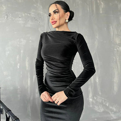 Women's Bodycon Dress - Long Sleeve Stretch Fit - Midi Length Ruched Elegant Wear