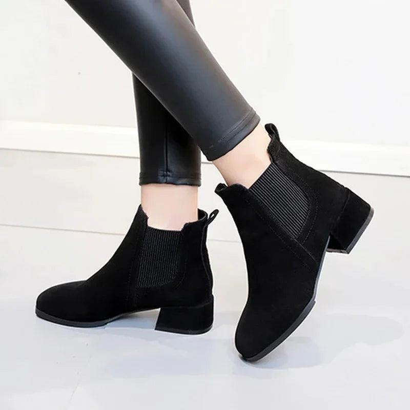 Women’s Ankle Boots – Suede-Like Finish – Square Heel – Slip-On Stretch Panel