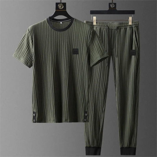 Men’s Tracksuit Set - Textured Pleated Fabric - Short Sleeve T-Shirt & Joggers - Relaxed Fit