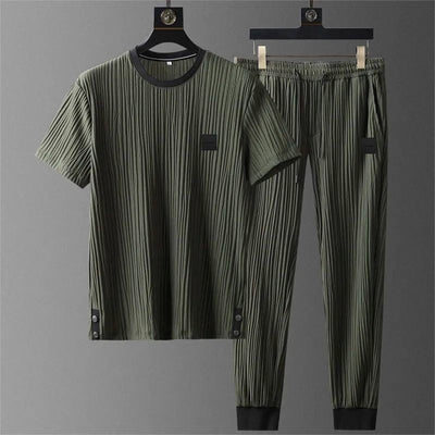 Men’s Tracksuit Set - Textured Pleated Fabric - Short Sleeve T-Shirt & Joggers - Relaxed Fit