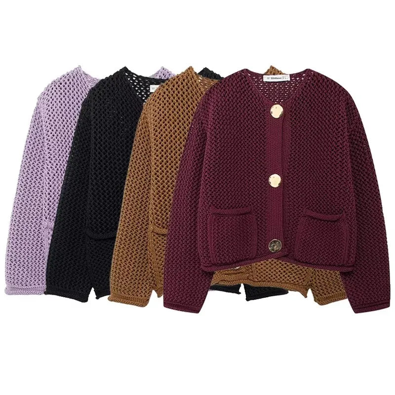 Mesh-knit cardigan with front pockets for women