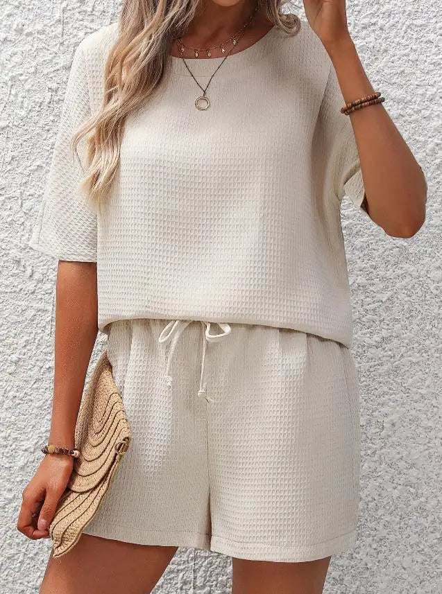 Women's Lounge Set - Relaxed Fit - Short Sleeve Top & Elastic Waist Shorts