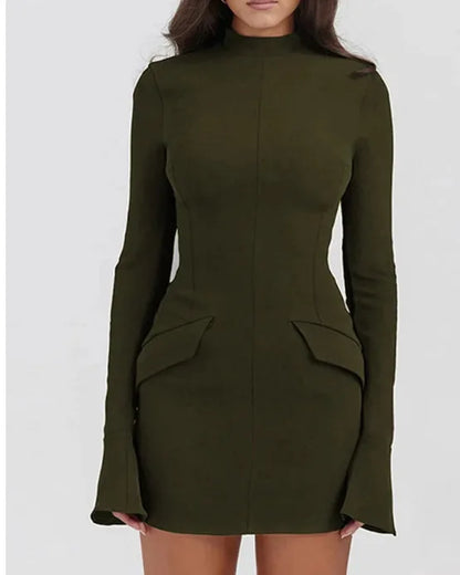 Women's Bodycon Mini Dress - High Neck - Long Sleeve - Structured Hip Detail