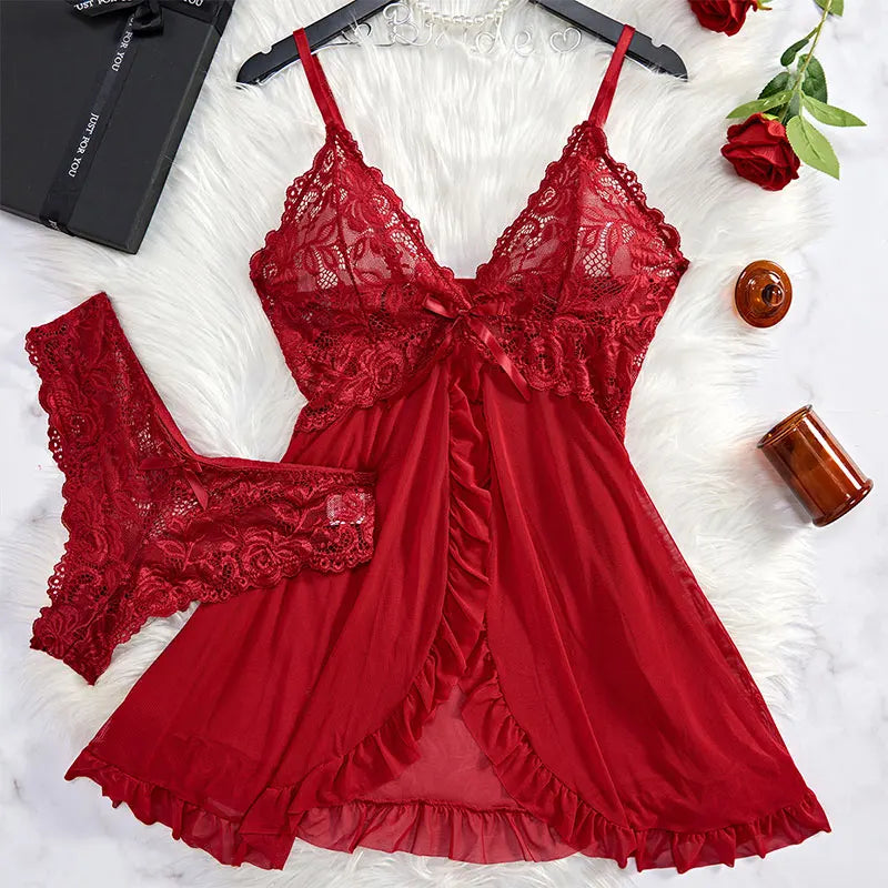 Women’s Lingerie Set – Slim Fit – Lace V-Neck – Ruffled Hem – Semi-Transparent Fabric