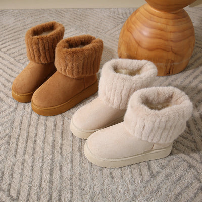 Women’s Snow Boots – Half-High Knit with Faux Fur Trim – Thick Sole Supportive Fit